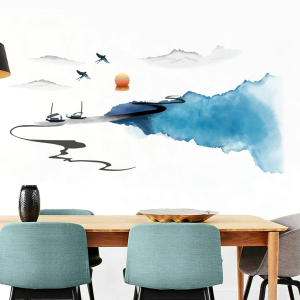 Decal dán tường Tranh sơn thủy thủy mặc Có keo sẵn Phong cách núi sông Trang trí phòng khách