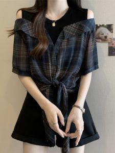 plus Size Plaid Short Sleeve Shirt Women Summer Shoulder Bared Patchwork Princess Style Casual Thin Polyester Fiber Dress