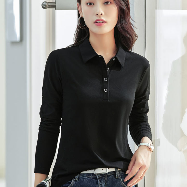 Black Collar LongSleeved Tshirt Women's Sports Polo Shirt New Spring