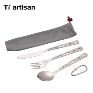 Tiartisan | Tiartisan Titanium 3-in-1 Cutlery Set Outdoor Travel Portable Fork Spoon and Knife Set Lightweight Camping Flatware Kit
