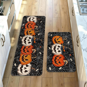 VIKAMA 2 Pieces Halloween Witch Castle Kitchen Mat Set Spooky Printed Non Slip Runner Floor Rug Holiday Home Decor