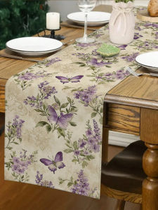 1-Piece Light Purple Butterfly & Floral Table Runner Wear-Resistant & Durable Home Party Dining Table Decor