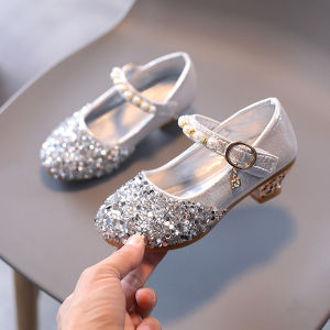 Princess Style round Toe High Heels Childrens Performance Shoes Soft Bottom Crystal Sandals for Little Girls Silver Color