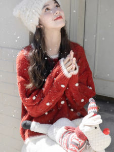 Red Christmas New Year Sweet Anti-Aging Knitted Sweater Womens Autumn Winter Style Small Size Woolen Top Fashionable