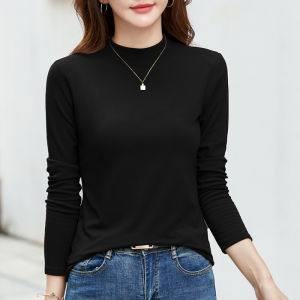 Womens Half High Collar Fleece Long Sleeve Base Shirt Autumn Winter Inner Wear Outer Wear Brand Slim Fit T-Shirt Korean Style