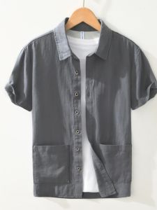 Mens Summer Thin Linen Short Sleeve Shirt Casual Loose Versatile Top Trendy Breathable Comfortable Chinese Style Pure Color