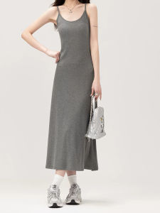 Gray Simple Basic Strapless Dress Women Summer Autumn Inner Wear Long French Tea Break Dandelion Slim Fit Dress Commute Style High Waist A-Line Skirt No Sleeve
