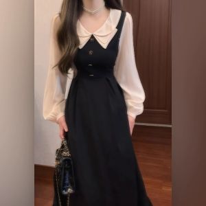 Váy Dài Cổ Búp Bê Phong Cách Hepburn Mới Thu Đông 2025 Váy Midi Chữ a Cạp Cao Bằng Vải Polyester Dài Tay Màu Trơn