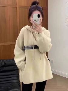 Thickened Fleece Hoodie Womens Autumn Winter Loose Fit Zipper Hooded Sweatshirt Butt Covering Large Size Casual Outerwear
