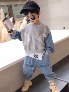 HAOSE เสื้อกันหนาวเด็ก ชุดเด็กฤดูใบไม้ผลิและฤดูใบไม้ร่วงเด็กคาวบอยชุดสองชิ้น ใหม่เด็กขนาดเล็กและขนาดกลางเสื้อผ้าเด็กเกาหลีเสื้อผ้