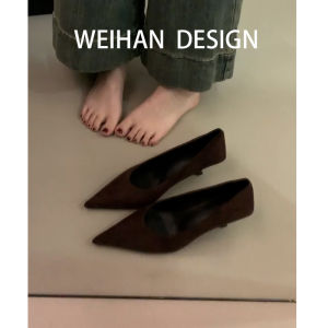 เดินทาง สไตล์เกาหลี รองเท้าส้นสูงหัวแหลม ผู้หญิง รองเท้าทํางานแบบสวมส้นบางกํามะหยี่ เซ็กซี่ รองเท้าเดี่ยวรุ่นหนังแกะ