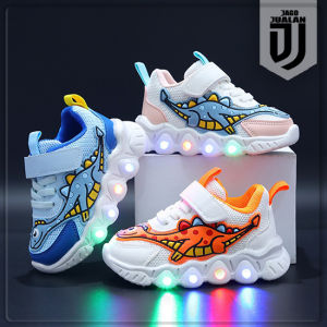 Sepatu Sneakers DINO Lampu LED Anak usia 1 2 3 4 5 6 tahun / Sepatu Kets Tali Perekat Anak Balita Cowok Motif Dinosaurus / Sepatu MENYALA Anak Laki Laki Fashion Sporty / Sepatu Baby Casual Pria Sol Menyala  / Sepatu Running Anak LED Motif Dinosaurus TREX