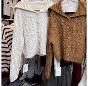 YUEZHONGWEI | French Collar Caramel Color Cable Sweater Cardigan Loose Casual Style