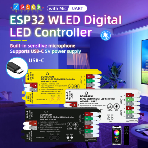 DOMRAEM ESP32 WLED USB-C Addressable LED Controller with Music Mic/UART Supports WS2814/12B RGB IC strips etc.16A Fuse HA Alexa