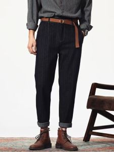 American Retro Straight Leg Loose Elastic British Style Khaki Mens Jeans Vertical Stripes Fashionable City Casual Long Pants