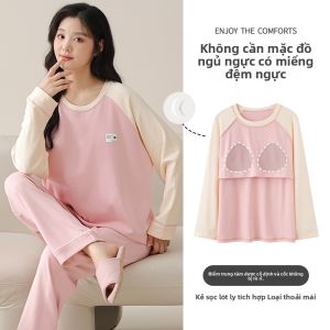 Bộ đồ ngủ MiiOW cho nữ làm bằng cotton nguyên chất thoải mái tay dài có đệm ngực