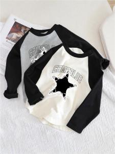 เสื้อยืดผ้าฝ้ายแท้100% สำหรับเด็กผู้ชายเสื้อตัวในแขนยาวใส่ด้านนอกแนวเกาหลีหล่อเท่สำหรับฤดูใบไม้ผลิและฤดูใบไม้ร่วงเสื้อคอกลมสำหรับเด็ก