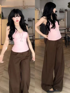Quần Ống Rộng Cạp Cao Màu Nâu Phong Cách Hàn Quốc Cho Nữ Mùa Xuân Thu Quần Ống Rộng Rộng Rãi Thoải Mái Rộng Rãi