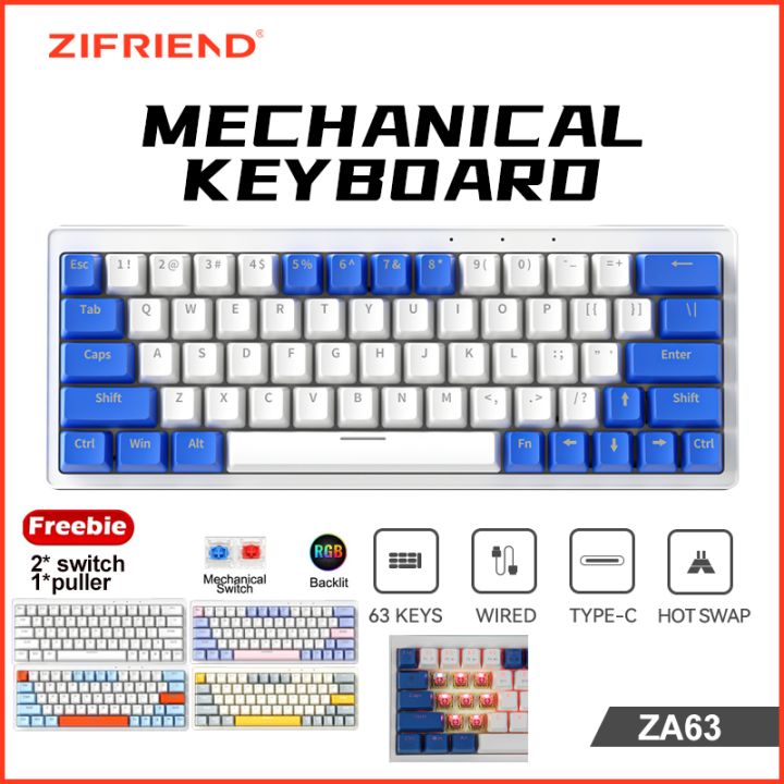 ZIFRIEND za63 Pro 63 phím Bàn phím cơ có dây & không dây 3 mô hình bàn phím chơi game đèn nền RGB màu xanh/công tắc đỏ có thể tráo đổi nóng