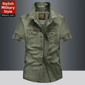 Mens Short Sleeve Cotton Shirt Loose Fit Workwear Large Size Pocket Detail Fashionable Summer Thin Pure Color Stand Collar