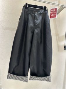 YEBO | Oversize European Style Check Hem Wide Leg Pants Loose Leisure PU Leather Both Gender Spring Autumn
