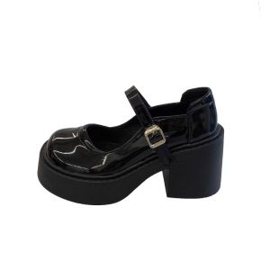 Womens Thick Heel Mary Janes Shoes Spring Summer New Style round Head Heightening French Vintage Leather Fashion Single Shoes