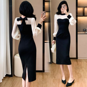 Hebe Style Sweet Elegant Long Sleeve Butterfly Knot Bodycon Dress Black French High Waist Gown Womens Fashion Spring Autumn