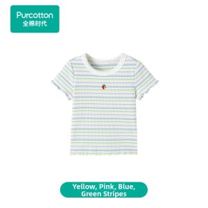 Purcotton | Girls Ribbed Colorful Striped 100% Cotton Short-sleeve T-shirt
