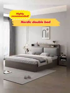 French Simple Style Solid Wood Bed Frame Double 120*200cm Soft Leather with LED Night Light and Storage Formaldehyde-Free Sturdy Double Column Design