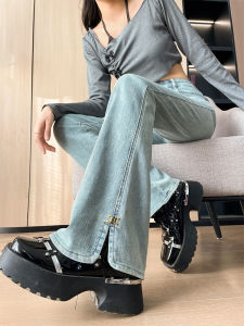 Light Color Split Slightly Flared Jeans Female 2024 Spring plus Size High Waist Slim Looking Small Horseshoe Mop Trousers