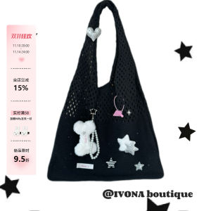 IVONA Y2k Original Cute Hollow Star Bone Handle Shoulder Bag with Large Capacity Wool Thread Bag