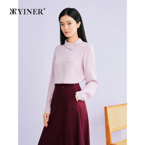 Elegant Mulberry Silk Blend Stretch Crepe Asymmetric Collar Shirt