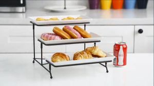 Yo-Fun 3 Tier Rectangular Serving Plate Set with Metal Rack Buffet Server Dessert Stand