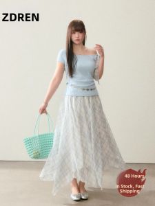 ZHANGDAREN | Bộ Quần Áo Dành Cho Phụ Nữ Cỡ Lớn: Chân Váy Xòe Caro & Áo Thun Cổ Trụ