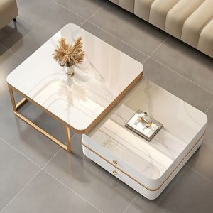 Light Luxury Slate Coffee Table Home Living Room Modern Retractable Marble Glass Coffee Table with Double-layer Storage Cabinet Side Table