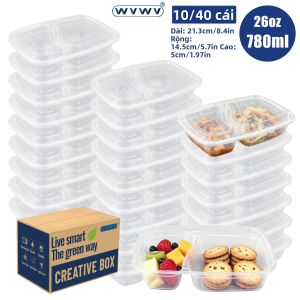 Hộp Cơm Trưa Bằng Nhựa Hai Ngăn 780ml Bộ 10/40 Chiếc Hộp Đựng Thực Phẩm Có Thể Tái Sử Dụng Xếp Chồng Lên Nhau Có Nắp Đậy Để Bảo Quản Đồ Ăn Nhanh Đồ Ăn Nhẹ An Toàn Cho Lò Vi Sóng Máy Rửa Chén Tủ Lạnh Thích Hợp Cho Các Buổi Dã Ngoại Trường Học V...