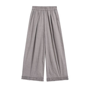 BY IHAPPY | Quần Cotton Xám Caro Ống Rộng Đai Cao Co Dãn