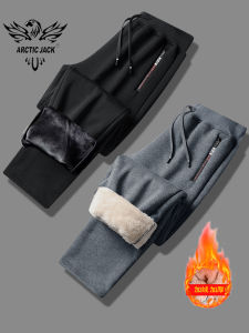 กางเกงกีฬาผู้ชายทรงตรงหนาป้องกันความร้อนผ้าฝ้ายผสมขนแกะ กระเป๋าซิป กางเกงขายาวลำลองฤดูหนาว กางเกงขายาวทรงตรง