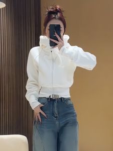 เสื้อแจ็คเก็ตผู้หญิงหนา ฤดูใบไม้ร่วง/ฤดูหนาว เสื้อฮู้ดผ้าขนแกะหนา เสื้อผ้าทำงาน เสื้อคลุมกันหนาว แขนยาว ปกเสื้อแบบพิเศษ