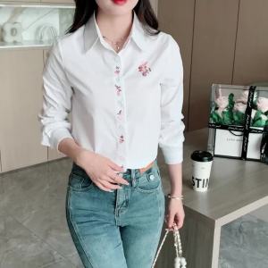 AMMIN 2025 Spring and Autumn new simple lapel fashion positioning Delicate flower embroidery design single breasted commuter chiffon shirt Womans Korean style long sleeve white elegant blouse