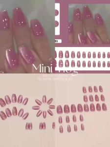 Medium long fake nails for women girls pink blue cat eyes glossy shimmer ballet almond nail tips full cover press on false nail