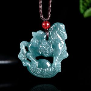 Natural A-grade Jade Blue Wealth Coin Zodiac Horse 3D Carving Women Pendant with Certificate