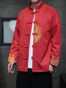 Retro Embroidered Buttoned Tang Suit Jacket Large Size Residential Wear Deer Skin Velvet New Year Clothing Autumn Mens Fashion