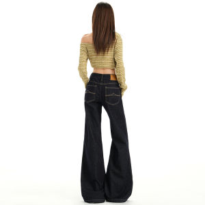 Retro American Deep Blue Original Color Flared Jeans Womens Low Waist Slim Loose Not Legging Bell Bottoms Casual Denim