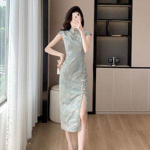 Summer National Style Cheongsam Dress Womens Long Skirt French Small Manner Temperament Ceremony Dress Polyester Fiber