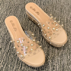 Womens Summer Outdoor Wear Pearl Embellished High Heel Thick Bottom Sandals Transparent Strap Slip-On Korean Style Sandals