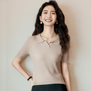 Viscose Ice Silk V-Neck Short-Sleeve T-shirt for Women Summer Slim Fit Knit Shirt with Creatively Designed Buttons