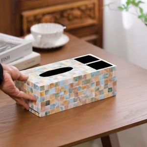 กล่องทิชชู่เชลล์ กล่องกระดาษ พร้อมเดสก์ท็อปสร้างสรรค์ห้องนั่งเล่น กระดาษทิชชูหลอดสูบน้ำ กล่องกระดาษติดเปลือกหอย กล่องสูบน้ำกระดาษ