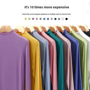 Spring New Thin Modal Long Sleeve Half-High Neck Wooden Ear Rim Decorated Womens T-shirt