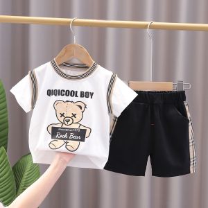 Summer fashion suit 0-6 years old letters little bear crew neck short-sleeved t shirt+leisure stripe tunic shorts